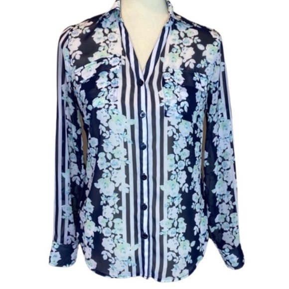 New York & Co semi-sheer floral striped blue and white button down Size Large - Picture 1 of 12